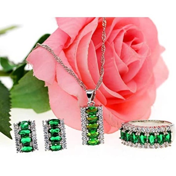 Emerald Crystal Necklace Earring Ring Set Cubic Rhinestone Necklace Ring Earring - Picture 4 of 8
